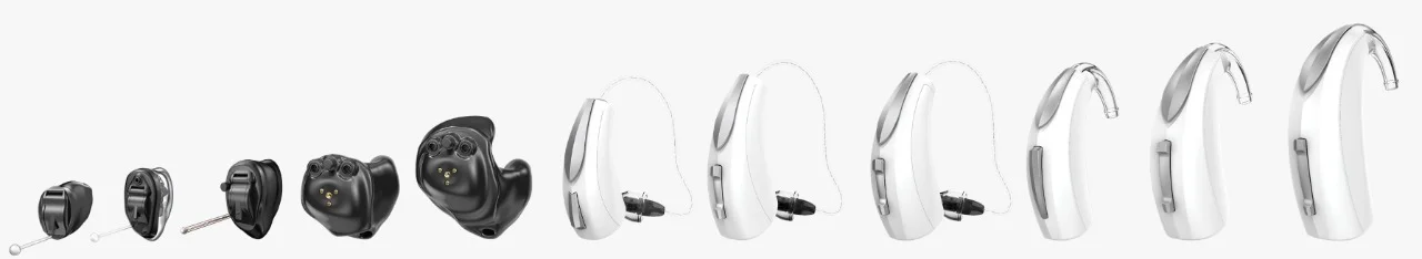 Comparativa panorámica de formatos auditivos: desde modelos invisibles IIC y CIC hasta modelos retroauriculares BTE